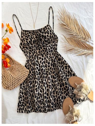 Image of Verdusa Women's Cheetah Print Dress Y2K Leopard Fitted Mini Dresses Spaghetti Strap Mesh Dress