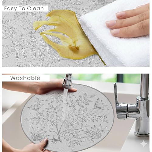 Image of Yellow Weaves 4 Pcs PVC Round Table Placemats, Dining Table Mat, Stain Resistant, Anti-Skid, Waterproof, Washable, Dining, Kitchen, Restaurant Table Set Easy to Clean, Durable (Botanical Silver)
