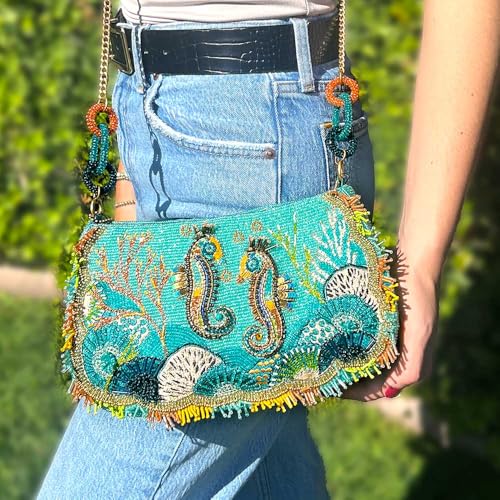 Image of Mary Frances Reef Rider Beaded Crossbody Handbag Ocean Seahorse Embellished Purse Coral Themed Evening Bag, Multicolor