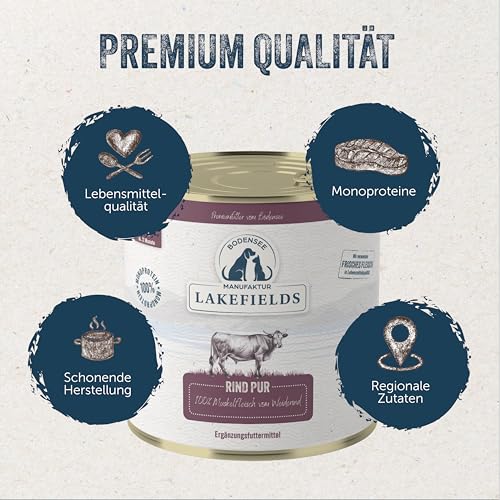 Lakefields Premium Hundefutter Nass | Rind pur 100% | 800g | Reines Muskelfleisch | Rindfleisch aus artgerechter Weidehaltung | Getreidefreies Nassfutter für Hunde | Regional & Naturbelassen