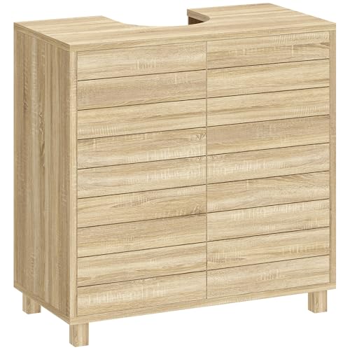 HOMCOM Meuble sous Lavabo, Meuble de Salle de Bain avec Découpe en Forme U, Portes à Lattes, Étagère Réglable, Ouverture par Pression, 60 x 30 x 60 cm,...