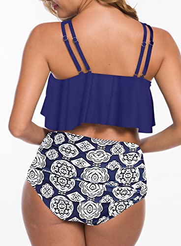 SuperPrity Body Suit Tops for Women Ruffled Top Floral Printed Bottom Swimsuits Flowy Bathing Suits - L, NavyBlue