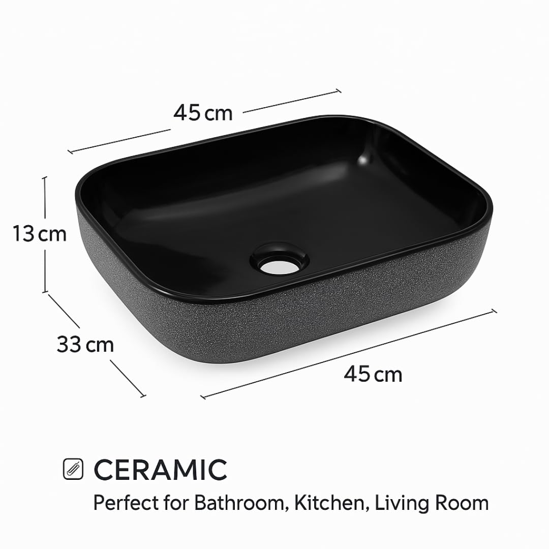 HISRE Table Top Wash Basin For Bathroom | Over Counter Top Wash Basin For Living Room | Washbasin Countertop | Tabletop Ceramic Bathroom Kitchen Sink (Black), photo 3 of 5