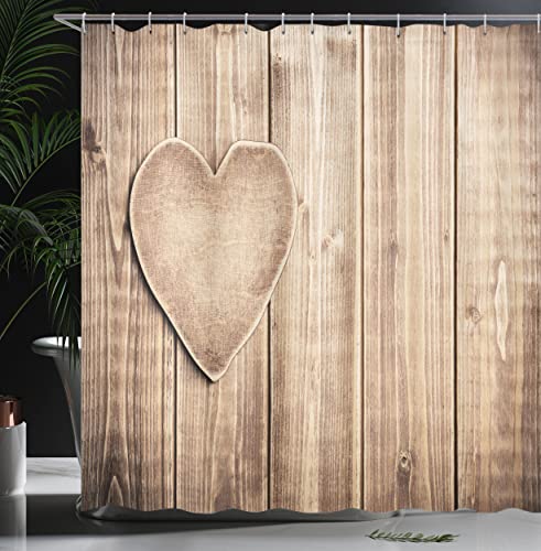 Ambesonne Valentines Day Shower Curtain, Rustic Heart Over Wooden Planks Background Lovers Corner Romantic Celebration Print, Cloth Fabric Bathroom Decor Set With Hooks, 69" W X 75" L, Tan #TOP2