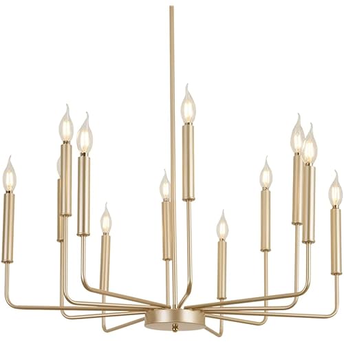 Qamra Modern Farmhouse Gold Chandelier for Dining Room, 12-Light Rustic Candle Chandelier Light Fixture, Industrial Hanging Chandeliers Lighting for Living Room, Kitchen, Staircase, Entryway, Foyer