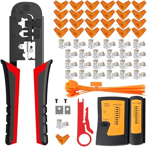 MAYLINE RJ45/RJ12/RJ11 Crimp Tool, Ethernet Computer Maintenance Cat5 Cat6 Cable Tester Repair Wire Stripping Cutter, 6P 8P Crimper Cutter, Network Crimping Tool Kit Set (Black)