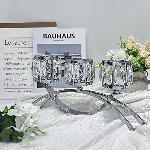 3 Arms Crystal Bowl Tealight Candelabra Votive Candle Stand, Wedding Centerpieces For Tables Crystal Candlestick，Centerpiece Table Decorations (Silver) #TOP4