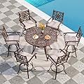 PHI VILLA Cast Aluminum High Bar Dining Set for 6 Person, 7 Piece Outdoor Patio Set with 54" Dia Cast-Top Aluminum Table(2.1" Umbrella Hole) and 6 Outdoor Swivel Bar Stool Chairs with Seat Cushions