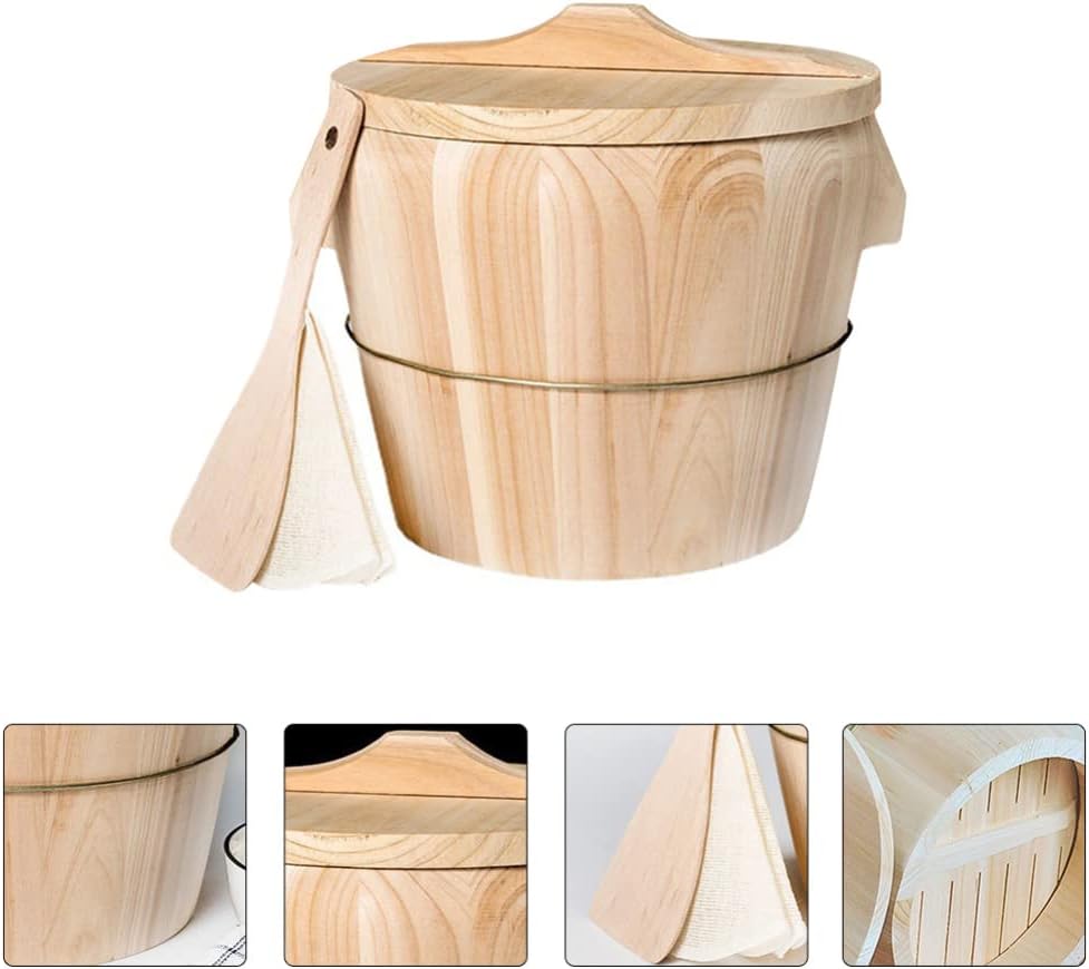 Home Kitchen Wooden Rice Bucket Set with Spoon, Steaming Cloth, and Lid for Evenly Cooked Rice, Light Brown, 8.26 X 6.49 X 6.49 Inches