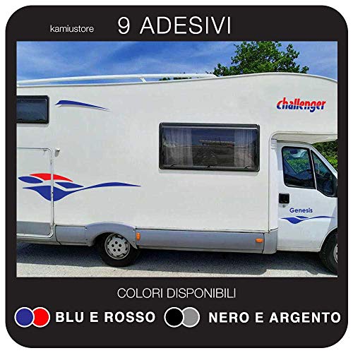 kamiustore Adesivo Challenger Curve per Camper in Vinile prespaziato - Kit 9 Adesivi componibili (Blu/Rosso)