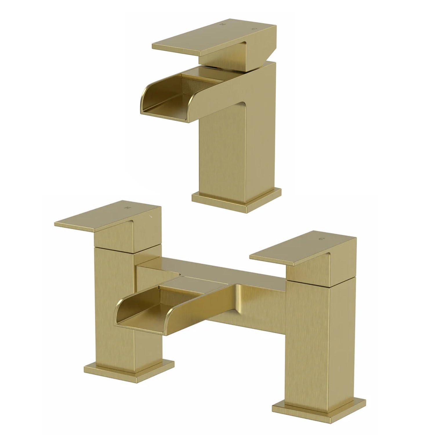 Architeckt® Dakota Bathroom Waterfall Bath Filler Mixer Tap and Basin Tap Set Deck Mounted Square Twin Lever Handle Modern, Brushed Brass