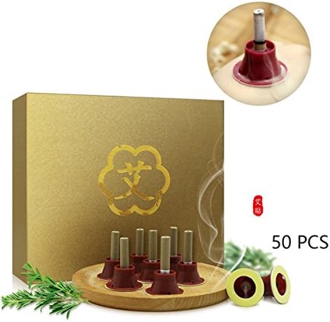 Heyeasy Stick On Moxa Sticks Chinese Moxibustion Joss Stick Mild Soft Heat Therapy Beginner Kit and A Plastic Base Tools with Hypo Allergenic Gum with Exquisite Gift Box Packaging(50pcs/Box)