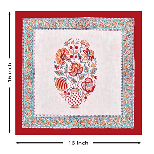 Image of BLOCKS OF INDIA Hand Block Printed Cotton Linen Cushion Cover (16 X 16 Inches) (Red Motifs), 250 TC