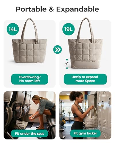 Image of BAGSMART Expandable Tote Bag for Women, Puffer Work Tote Handbag, Quilted Carry On Bag for Travel Gym