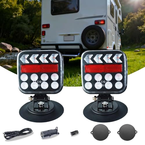 Wireless Trailer Lights Magnetic 2 Pack, Rechargeable Wireless Tail Lights With Turn Signal Brake Running Stop, Waterproof Bluetooth Tailer Lights Kit For Rv, Boat Caravan, Trailer, Towing Truck