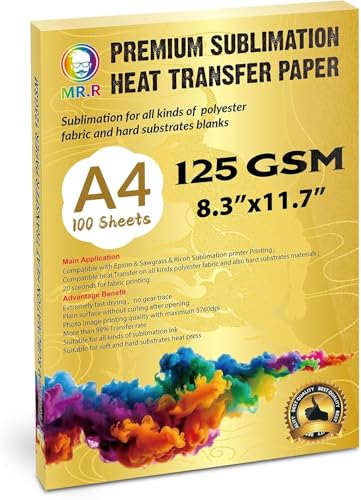 MR.R Premium-Sublimationspapier 125 g/m ² mit A4 × 100-Blättern Sowohl für Polyestergewebe als auch für Harte, steife Substratmaterialien geeignet für Epson, Sawgrass-Sublimationstintendrucker