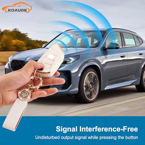 Koaudb for BMW Key Cover Car Key Cover for BMW X1 X2 X3 X5 X6 2 5 6 7 Series 3 4 Buttons for BMW Key Case Soft TPU Smart Key Case Shell with Leather Keychain white and Gold(C-BM-4D) - Image 2