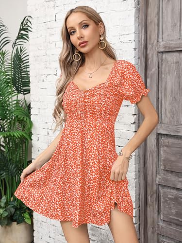 Image of Missufe Women's Puff Short Sleeve Drawstring Ruched Front Fit and Flare Floral Summer Casual Short Dress