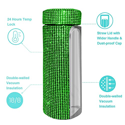 Bling Crytal 15Oz Insulated Water Bottle With Strainer,Stainless Steel Thermal Bottle,Leak-Proof Double Walled Vacuum Insulated ,Diamond Vacuum Flask For Woman To Travel, Picnic& Camping (Green) #TOP1