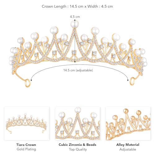 Image of Peora Cubic Zirconia & Pearl Studded Princess Tiara Crown Hair Accessory for Girls & Women