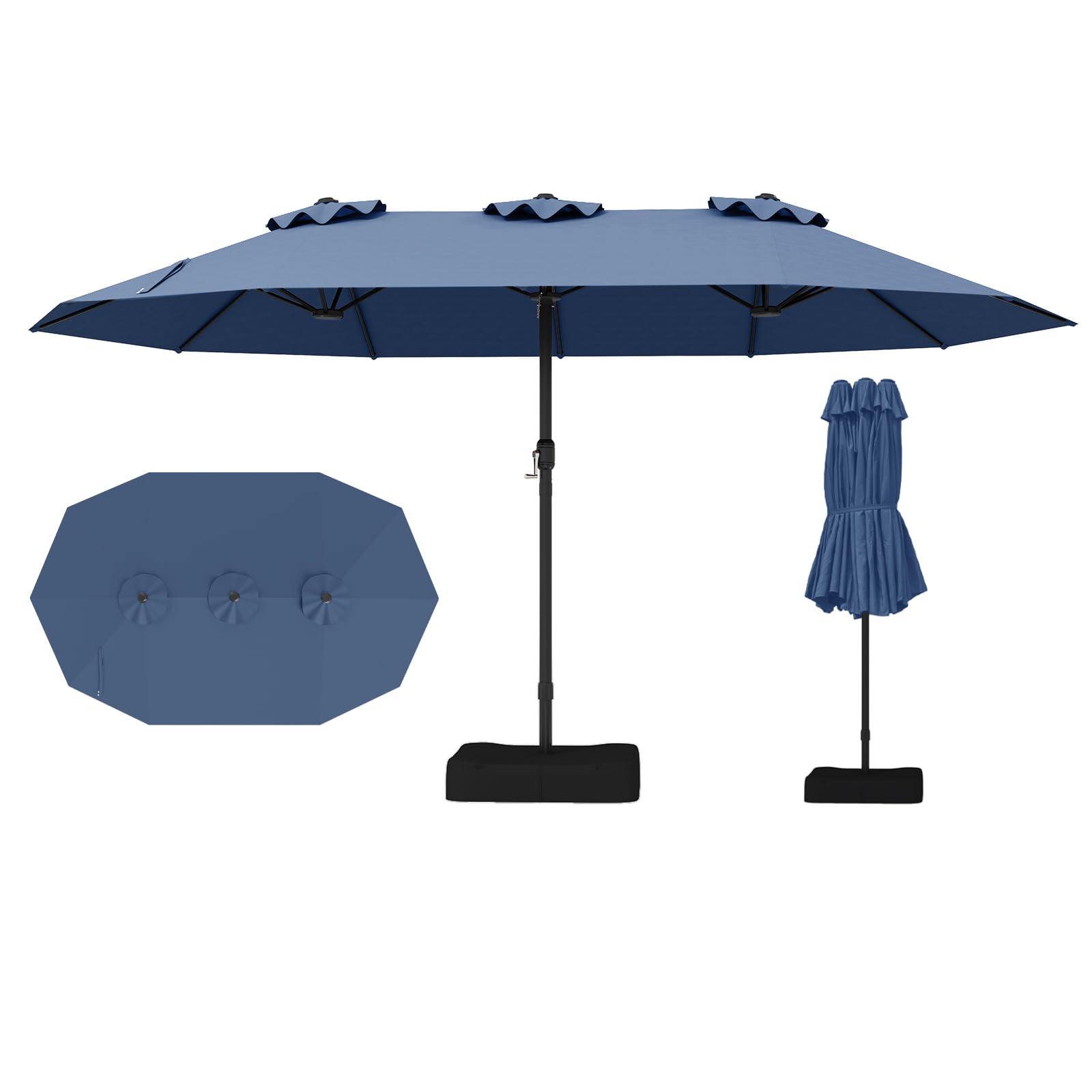 RELAX4LIFE Grand Parasol Double avec Pied 4,7M, Grand Parasol de Jardin Extérieur avec Manivelle, 12 Baleines, Base Croix, Sacs de Sable, Ventilé, Protection Solaire pour Terrasse Marché (Bleu foncé)