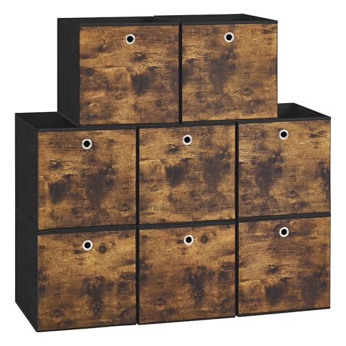 SONGMICS Caja de Almacenaje, Juego de 8, Plegable, Cajas de Tela, Almacenaje, 33 x 33 x 33 cm, Organizador, Cestas, para Armario, para Dormitorio, Salón, Marrón Rústico y Negro RFB833B01