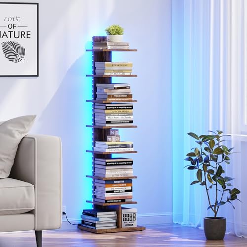 TUTOTAK Narrow Bookshelf, 8-Tier Bookcase with LED Lights, Spine Book