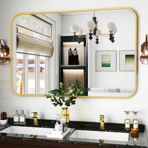 Koonmi Miroir Mural rectangulaire 75 x 122 cm - Cadre en métal - Miroir Mural d'angle Rond pour Salle de Bain, Salon - Montage Mural Horizontal ou Vertical -...