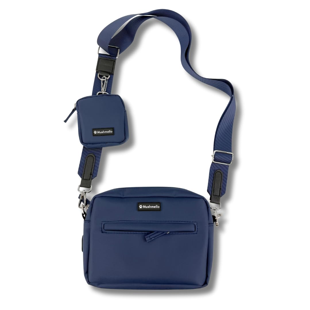 Mushmello Dog Walking Bag, Hands-Free Pet Essentials Organizer, Crossbody Shoulder Bag with Poop Bag Dispenser, Burgundy, Durable Nylon (Navy Blue)