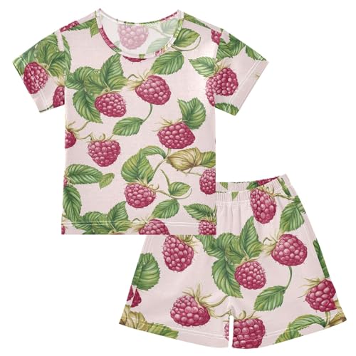 CHIFIGNO Raspberries Leaves Pink Pj Set Cotton Pajamas, Short Sleeve Summer Clothes with Pocket 5Y