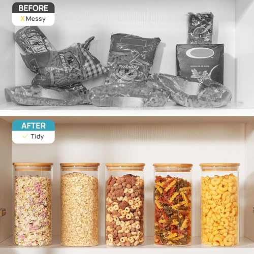 Image of 1400 ML Round Airtight Glass Jar for Food Storage Set,Airtight Food Jars with Bamboo Lids Glass Kitchen Glass multipurpose use set of 12(12, Round BAMBOO LID GLASS JAR 1400ml -)