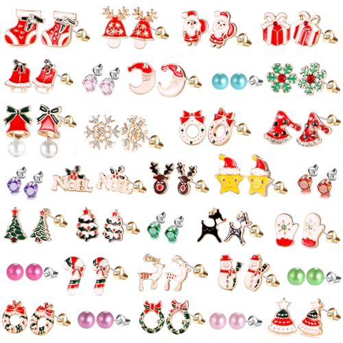 Image of 33 Pairs Stainless Steel Cartoon Earrings for Girls - Hypoallergenic Colorful Stud Earing Set, Mix & Match Cute Earring for Teens, Kids, Doll Dressup Accessories
