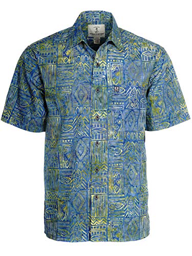 Artisan Outfitters Mens Surfboard Shortboard Batik Cotton Hawaiian Shirt (LT, Sapphire Chartreuse) A0214-55-LT