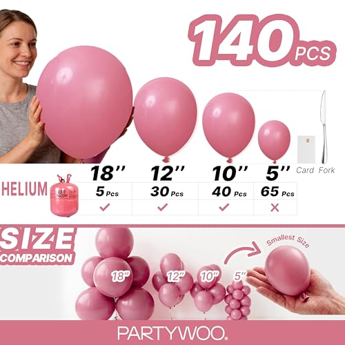 Image of PartyWoo Mauve Balloons 140pcs Different Sizes of 18 12 10 5 Inch Dusty Pink Rose Blush Boho Netural Balloon Arch Kit Garland for Baby Shower Wedding Engagement Birthday Party Decorations Pink-F02