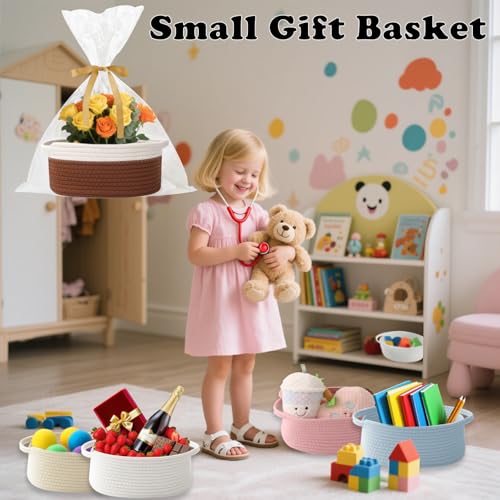 Image of Woven Rope Basket - Baby Gift Basket with Bag & Ribbon, White&Brown
