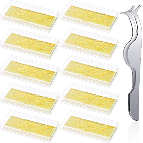 10 Pieces Empty Eyelash Case Glitter Paper Plastic Eyelash Packaging Box False Lashes Cases Holder Storage Box with Clear Tray and False Eyelash Applicator Makeup Tool for Women Girls (Gold)