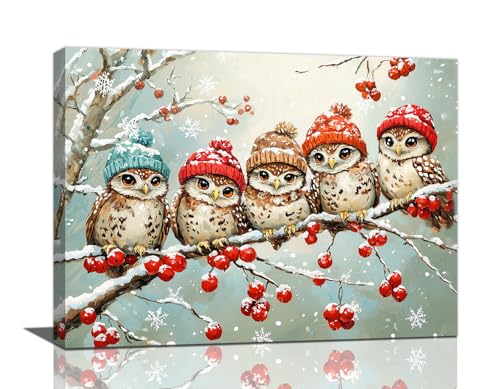 Christmas Owl Wall Art, Winter Owl Canvas Wall Decor, Owls Xmas Pictures Framed Painting, Artwork fo