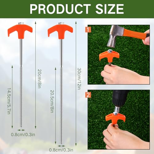 Zonon 30 Pack Screw in Tent Stakes 8 Inch and 12 Inch Each 15 Pack Heavy Duty Camping Stakes Metal Spikes Ground Anchor Peg Threaded Tent Spikes for Garden Outdoor Canopies Grassland(Orange)