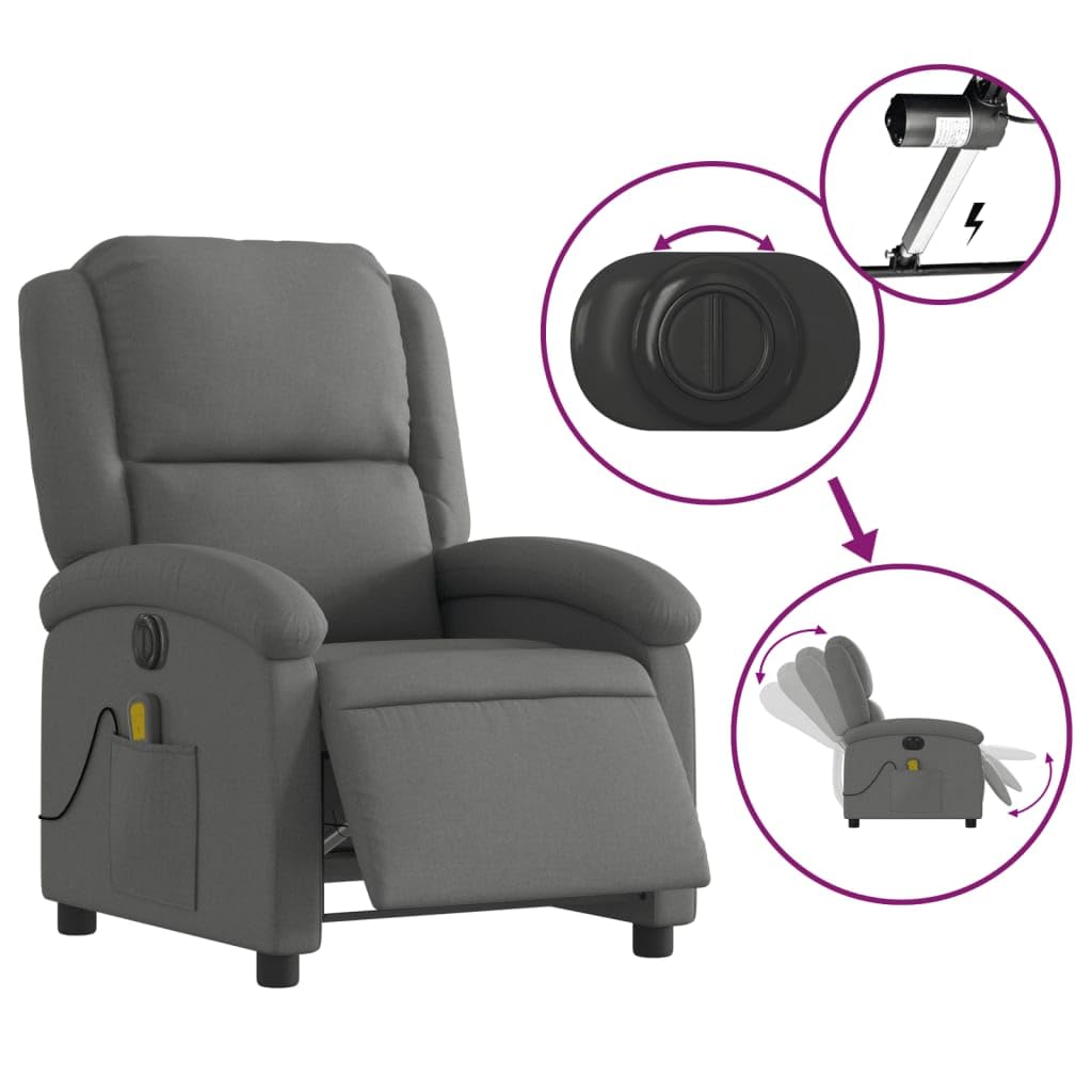Massagesessel elektrisch Dunkelgrau Stoff mit 6-Punkt-Vibrationsmassage, Verstellbare Rückenlehne und Fußstütze, Polsterstuhl mit Holz Metall Gestell