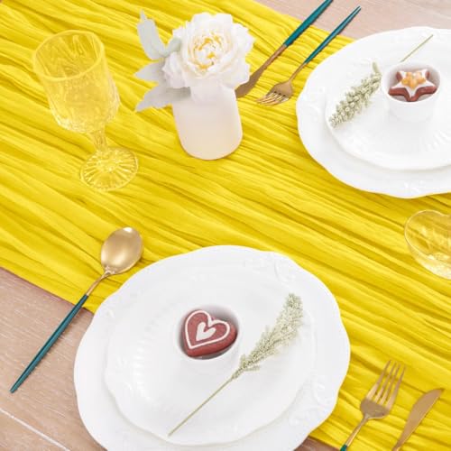 Image of MLMC 3 Pack Yellow Table Runner 10ft Summer Sheer Gauze Cheesecloth Table Runner Cheese Cloth Centerpiece Decororations 35x120 Inches for Wedding Bridal Baby Shower Birthday Party Decor