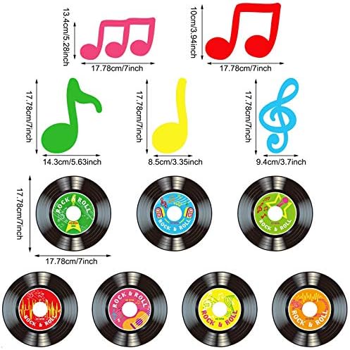 30 Pcs 1950's Rock and Roll Music Party Decorations Record Note Cutout Wall Decor Sign with Hanging Swirls Ceiling Decorations for 50's Theme Rock Music Short Video DJ Party Supplies 7 Inch()
