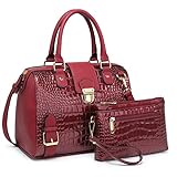 Dasein Women Barrel Handbags Purses Fashion Satchel Bags Top Handle Shoulder Bags Vegan Leather Work Bag (Crocodile Textured Burgundy)