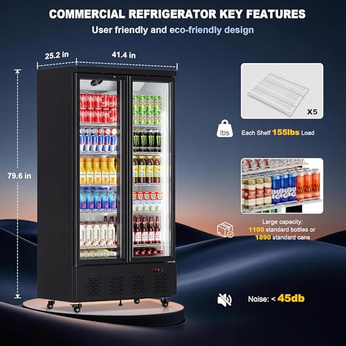 Image of 34 Cu.Ft Commercial Display Refrigerator, Space-Saving 2-Door Glass Front Merchandiser, Reach-in Beverage Cooler with Lock for Cafe, Office and Small Grocery, 10 Removable Shelves