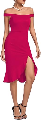 Miniatura 5 de LYANER Vestido midi ajustado con hombros descubiertos y dobladillo dividido para mujer