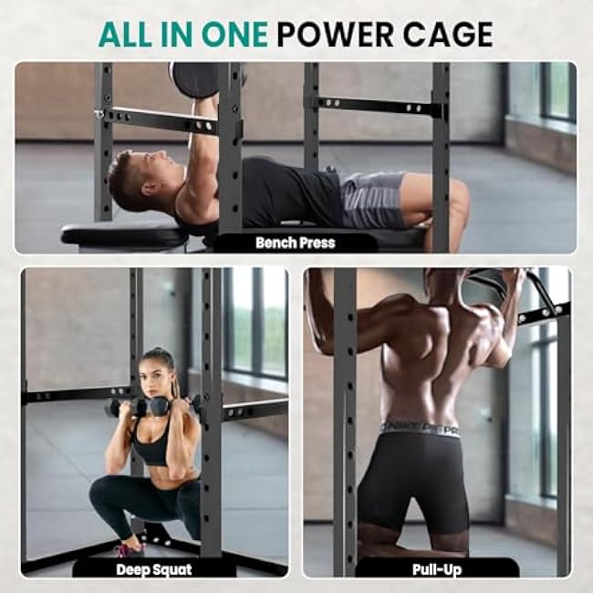 RQR Power Rack, Adjustable Squat and Bench Rack Combo for Home Gym, 1200 LBS Heavy-Duty Power Rack with Pull-Up Bar, 14-Position J-Hooks, Dip Bar & Landmine Attachment Compatible