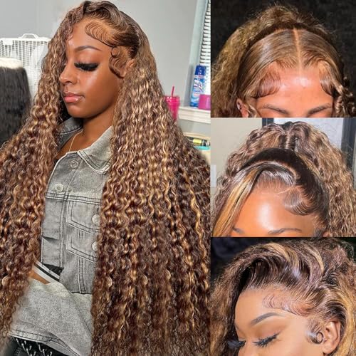 Juviso 30 Inch Honey Blonde Wig Human Hair Deep Wave 13x6 HD Ombre Lace Front Wigs P4/27 Highlight Curly Human Hair Wig 200 Density Pre Plucked Human Hair Frontal Wigs for Women