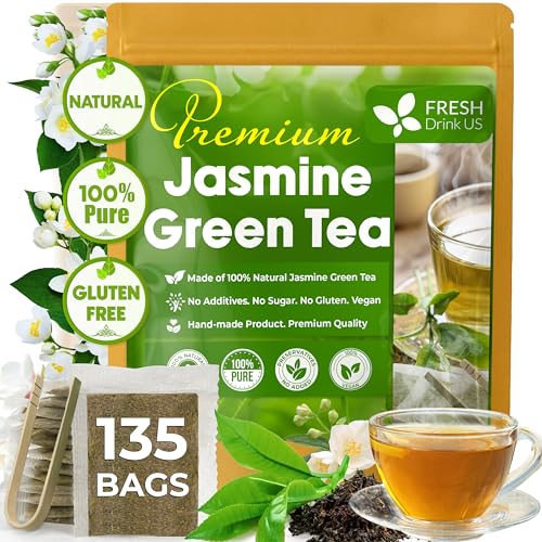 Image of FreshDrinkUS, Premium 135 Jasmine Green Tea Bags, 100% Natural & Pure from Jasmine Green Herbal Tea. Made with Natural Material Tea Bags. No Sugar, No Caffeine, No Gluten, Vegan.