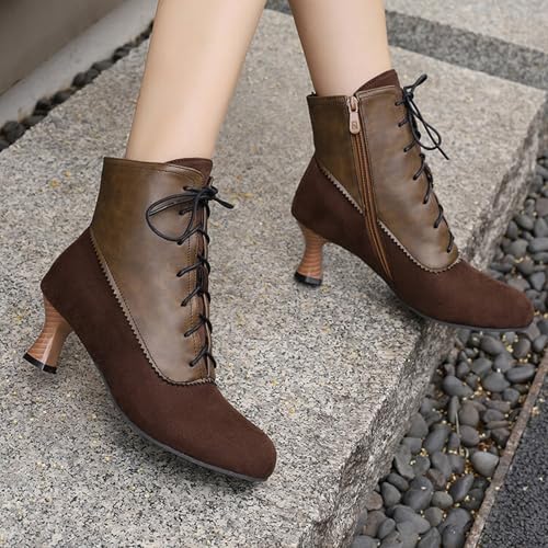 Alyaafifa Lace Up Booties for Women 2 Inch Kitten Low Heel Comfy Pointed Closed Toe Vintage Gothic Victorian Ankle Boots Two-Toned Matte Leather Short Boots Working Party3