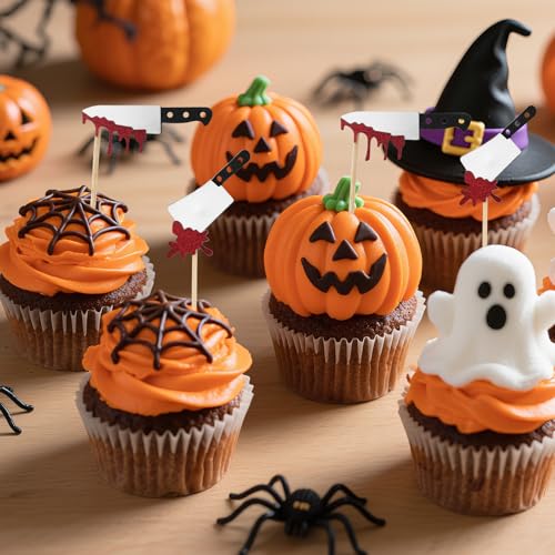 24pcs Halloween Cupcake Toppers, Glitter Horror Blood Knife Cupcake Picks Scary Killer Birthday Decorations for Themed Party Supplies - Image 5