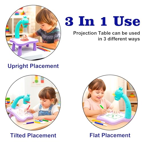 Image of VGRASSP Educational Drawing Projection Table Toy Set for Kids - Creative Tracing Learning Projector Desk with Color Markers, 3 Slides and Art Book for Boys and Girls - Blue